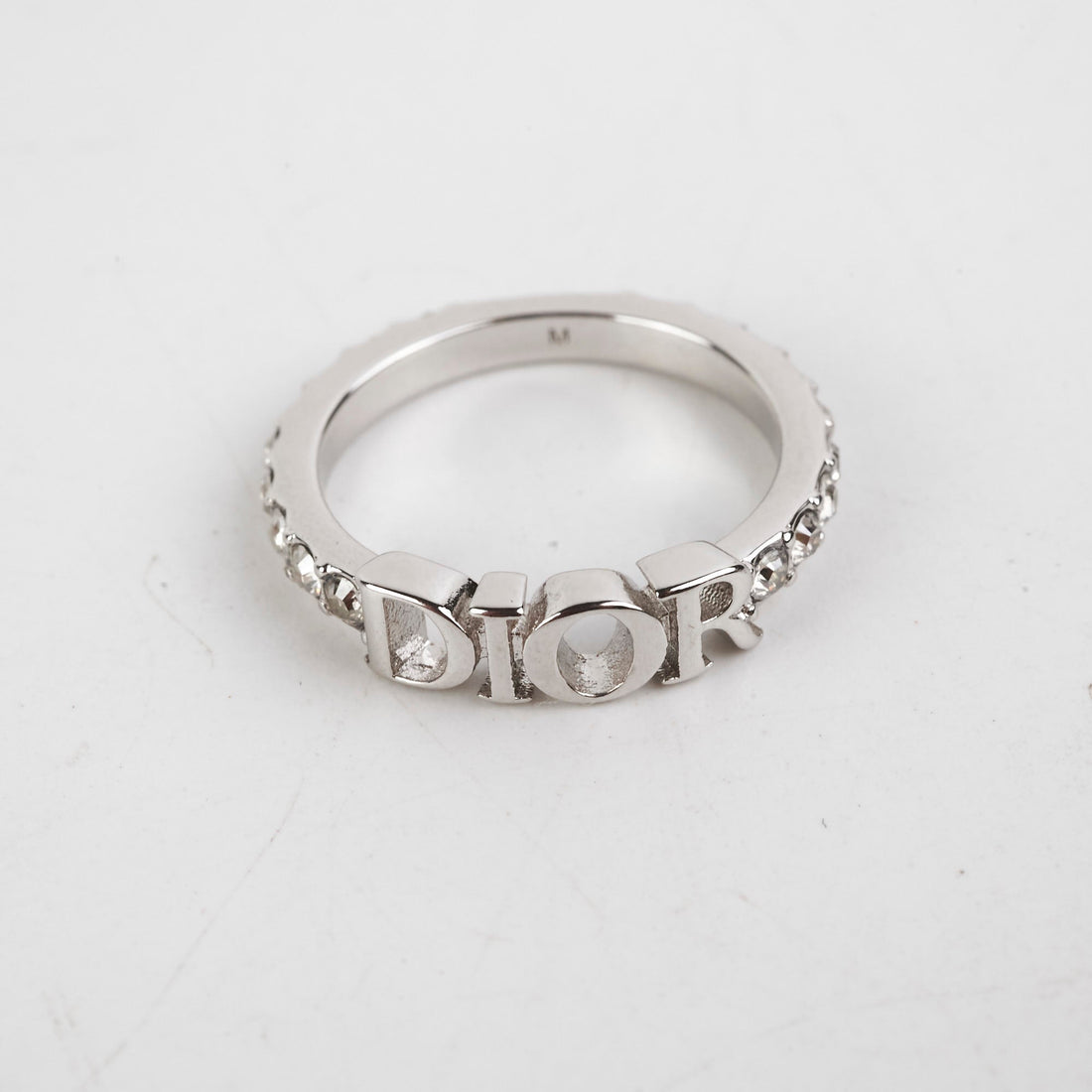 Christian Dior Logo Silver Rhinestone Ring Size M Costume Jewellery