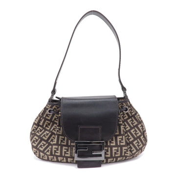 FENDI Zucchino Canvas Leather Shoulder Bag Brown Beige 8BR277