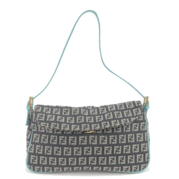 FENDI Zucchino Canvas Leather Shoulder Bag Black Light Blue 8BR145