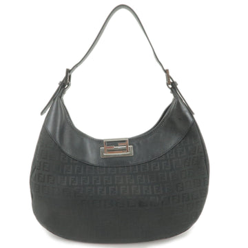 FENDI Zucchino Canvas Leather Shoulder Bag Black 8BR552