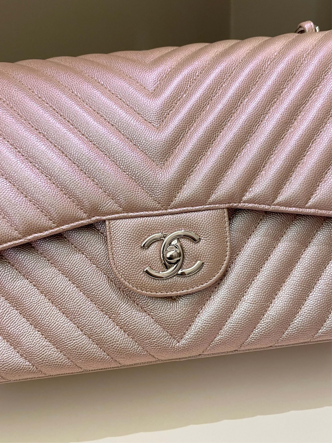 Chanel 17B Chevron Jumbo Double Flap Rose Gold Caviar
