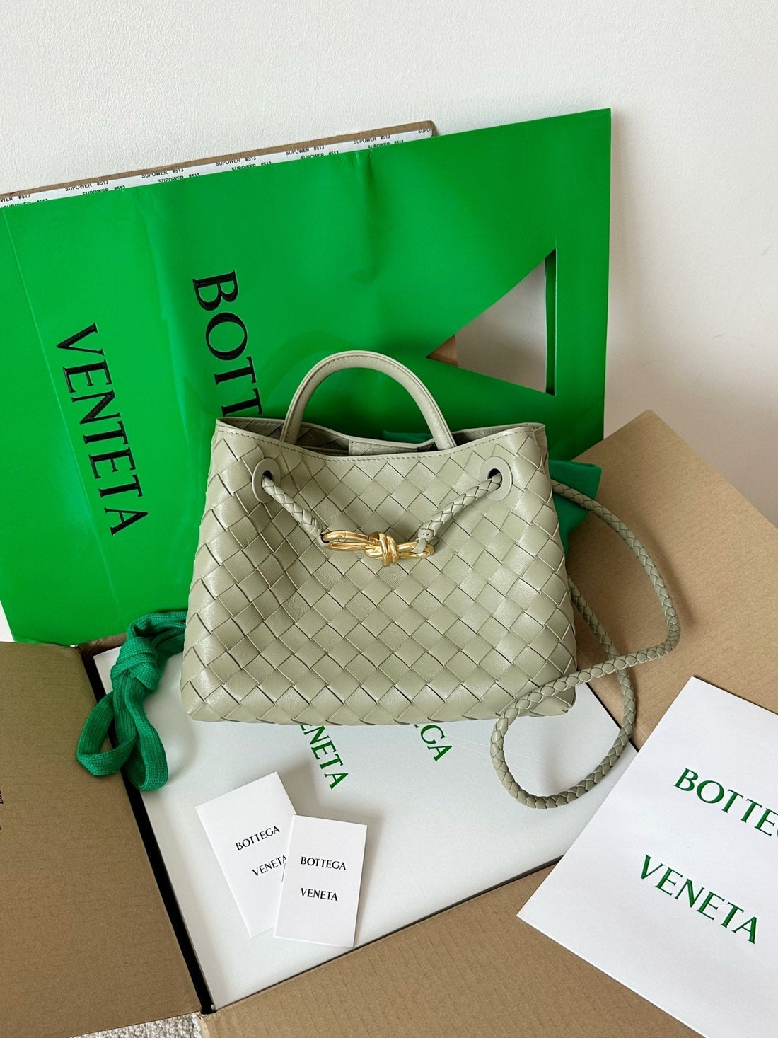 BV SMALL ANDIAMO 25CM LIGHT GREEN LAMBSKIN by House Of Sarah