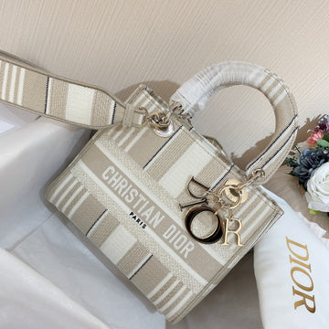 MEDIUM LADY-DLITE BAG BEIGE STRIPES EMBROIDERY House Of Sarah