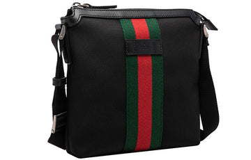 Men's GUCCI Red Green Stripe Webbing Leather Logo Canvas Shoulder Messenger Bag Black 631195-KWT7N-1060