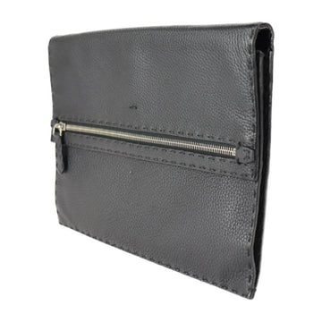 FENDI Selleria Clutch Bag 7VA376 Roman Leather Black Silver Hardware Wristlet Second Pouch