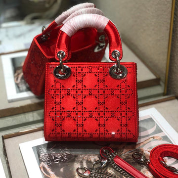 LADY 24 HANDBAG EMBOSSED DIAMOND IN CHERRY RED CALFSKIN By House Of Sarah