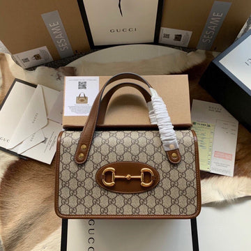 GG HORSEBIT 1955 SMALL 27 BAG IN BEIGE CANVAS AND BROWN CALFSKIN House Of Sarah