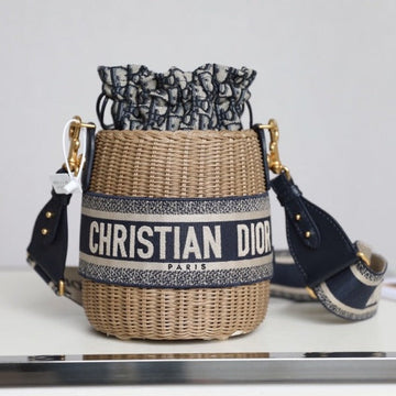 BUCKET BAG 19 IN BLACK OBLIQUE JACQUARD AND BEIGE WICKER By House Of Sarah