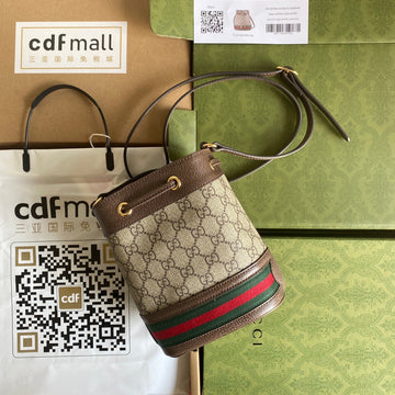 OPHIDIA MINI BUCKET BAG 18 WITH WEB IN BEIGE EBONY CANVAS MIX BROWN CALFSKIN House Of Sarah
