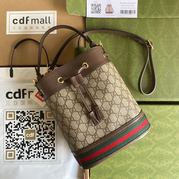 OPHIDIA MEDIUM BUCKET BAG 26 WITH WEB IN BEIGE EBONY CANVAS MIX BROWN CALFSKIN by House Of Sarah