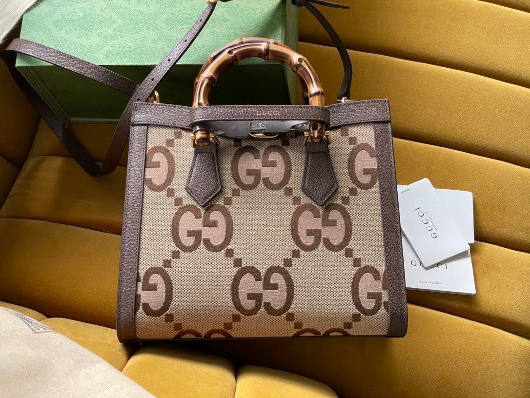 GG DIANA 27 MINI TOTE BAG IN BEIGE CANVAS AND BROWN CALFSKIN House Of Sarah Bags