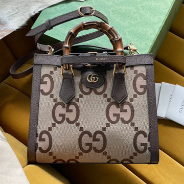 GG DIANA 27 MINI TOTE BAG IN BEIGE CANVAS AND BROWN CALFSKIN House Of Sarah Bags