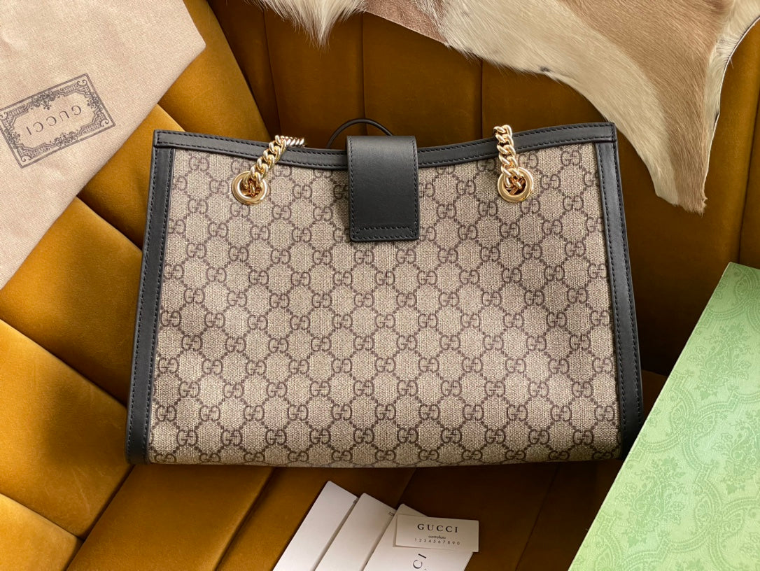 GG PADLOCK LARGE 35 SHOULDER BAG BEIGE CANVAS AND BLACK CALFSKIN House Of Sarah