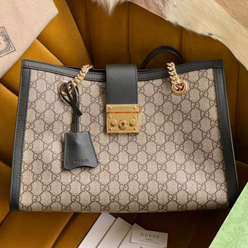 GG PADLOCK LARGE 35 SHOULDER BAG BEIGE CANVAS AND BLACK CALFSKIN House Of Sarah