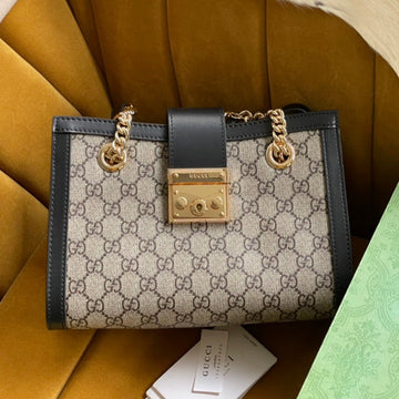 GG PADLOCK MEDIUM 26 SHOULDER BAG BEIGE CANVAS AND BLACK CALFSKIN House Of Sarah