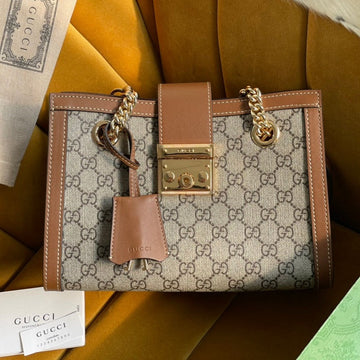 GG PADLOCK MEDIUM 26 SHOULDER BAG BEIGE CANVAS AND BROWN CALFSKIN House Of Sarah