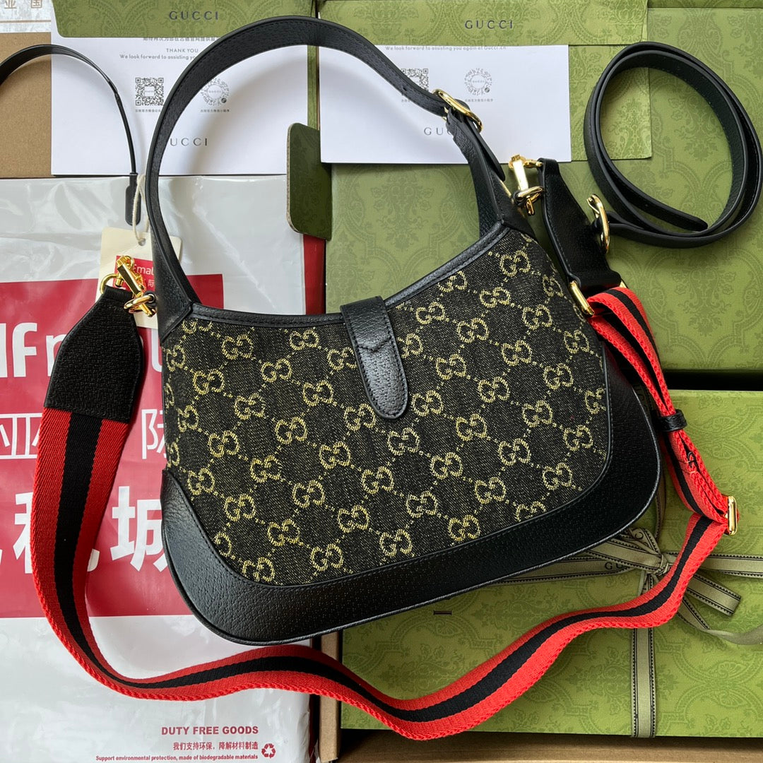 JACKIE 1961 SHOULDER BAG 28 IN BLACK YELLOW DENIM AND BLACK CALFSKIN TRIM GOLD HARDWARE House Of Sarah Bags