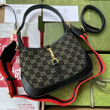 JACKIE 1961 SHOULDER BAG 28 IN BLACK YELLOW DENIM AND BLACK CALFSKIN TRIM GOLD HARDWARE by House Of Sarah