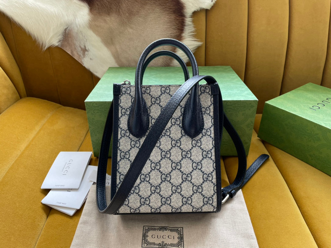 MINI TOTE 20 BAG IN BEIGE CANVAS AND BLACK CALFSKIN by House Of Sarah