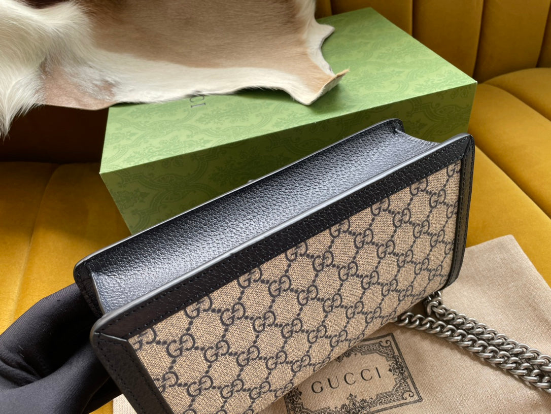 DYONYSUS SHOULDER BAG 25 IN BEIGE JACQUARD FABRIC AND BLACK CALFSKIN TRIM SILVER HARDWARE House Of Sarah
