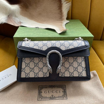 DYONYSUS SHOULDER BAG 25 IN BEIGE JACQUARD FABRIC AND BLACK CALFSKIN TRIM SILVER HARDWARE House Of Sarah