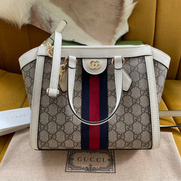 GG OPHIDIA 24 TOTE IN BEIGE CANVAS AND WHITE CALFSKIN House Of Sarah Bags