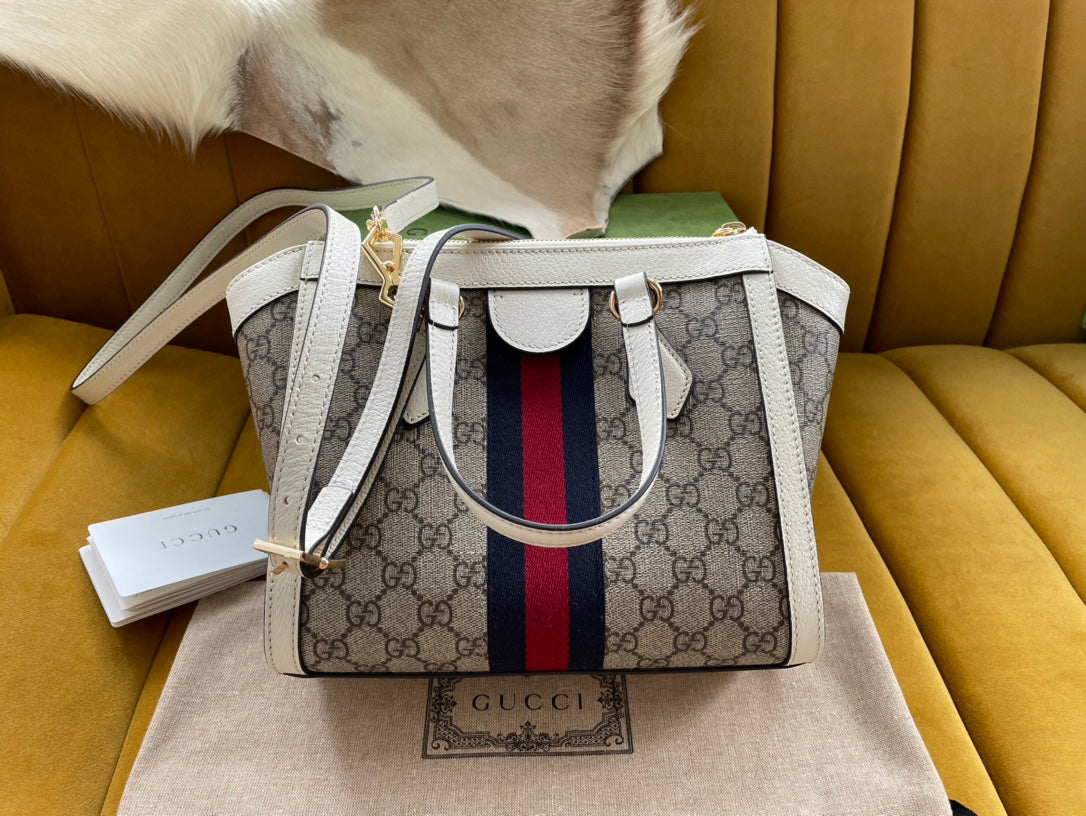 GG OPHIDIA 24 TOTE IN BEIGE CANVAS AND WHITE CALFSKIN House Of Sarah Bags
