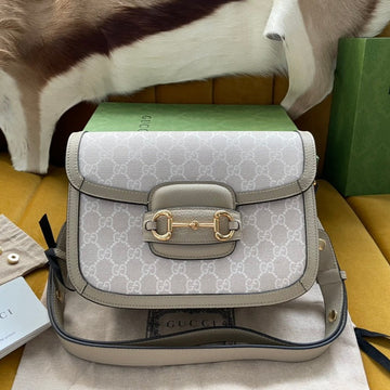 GG HORSEBIT 1955 SADDLE BAG 25 IN WHITE CANVAS AND BEIGE CALFSKIN House Of Sarah Bags