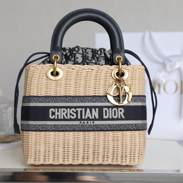 LADY 24 BASKET BAG IN BLACK OBLIQUE JACQUARD MIX BEIGE WICKER By House Of Sarah