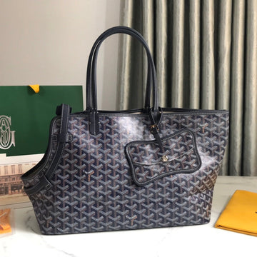 CHIEN GRIS BAG 33 IN NAVY BLUE GOYARDINE CANVAS AND TAN CALFSKIN TRIM