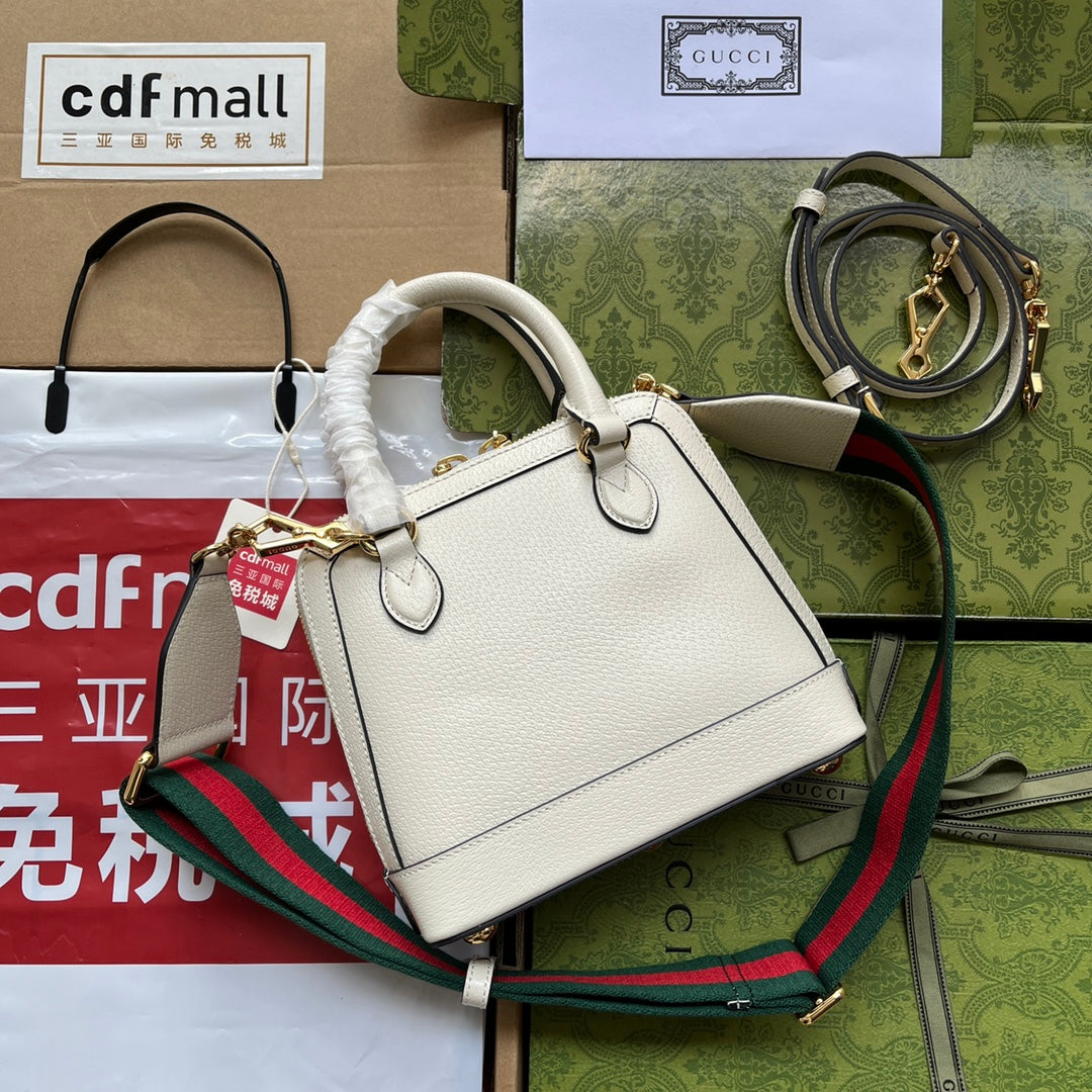 GGxADIDAS HORSEBIT 1955 TOTE BAG 20 WITH WEB STRAP IN WHITE MIX BLACK CALFSKIN GOLD HARDWARE House Of Sarah