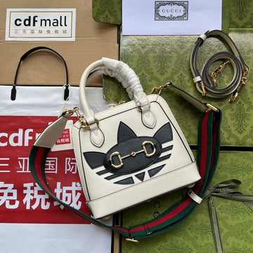 GGxADIDAS HORSEBIT 1955 TOTE BAG 20 WITH WEB STRAP IN WHITE MIX BLACK CALFSKIN GOLD HARDWARE House Of Sarah