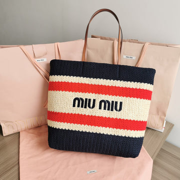 TOTE BAG 40 IN STRIPED PATTERN OF BLACK RED AND CREAM WHITE WOVEN RAFFIA House Of Sarah