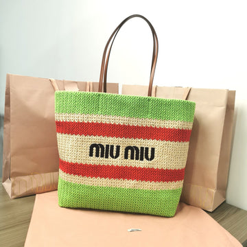 TOTE BAG 40 IN STRIPED PATTERN OF LIGHT GREEN RED AND CREAM WHITE WOVEN RAFFIA House Of Sarah