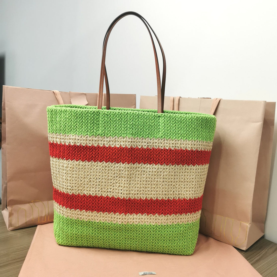 TOTE BAG 40 IN STRIPED PATTERN OF LIGHT GREEN RED AND CREAM WHITE WOVEN RAFFIA House Of Sarah