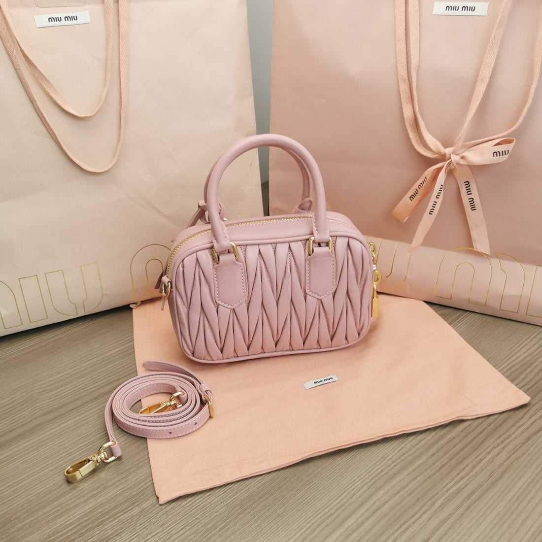 ARCADIE MATELASSÉ NAPPA SMALL BAG 19 IN PASTEL PINK LAMBSKIN GOLD HARDWARE House Of Sarah