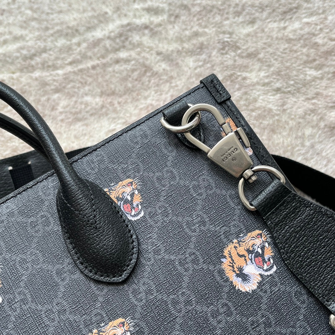 TIGER PRINT MEDIUM TOTE BAG 38 IN BLACK CANVAS AND LEATHER TRIM House Of Sarah Bags
