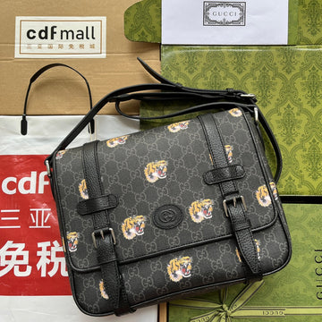TIGER PRINT MESSENGER BAG 28 IN BLACK CANVAS AND LEATHER TRIM House Of Sarah Bags