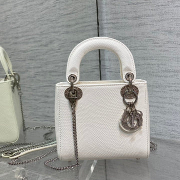 MINI LADY 17 BAG IN WHITE EMBOSSED LAMBSKIN WITH SILVER CLASP House Of Sarah