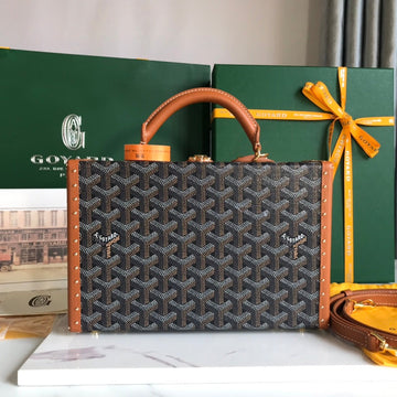 GRAND HÔTEL TRUNK BAG 24 IN BLACK GOYARDINE CANVAS AND TAN CALFSKIN House Of Sarah