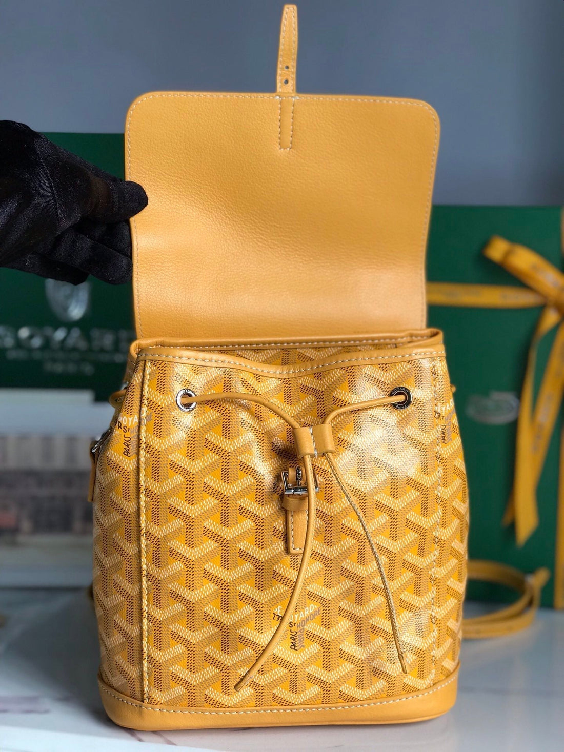 ALPIN MINI BACKPACK 21 IN YELLOW LAMBSKIN AND GOYARDINE CANVAS by House Of Sarah