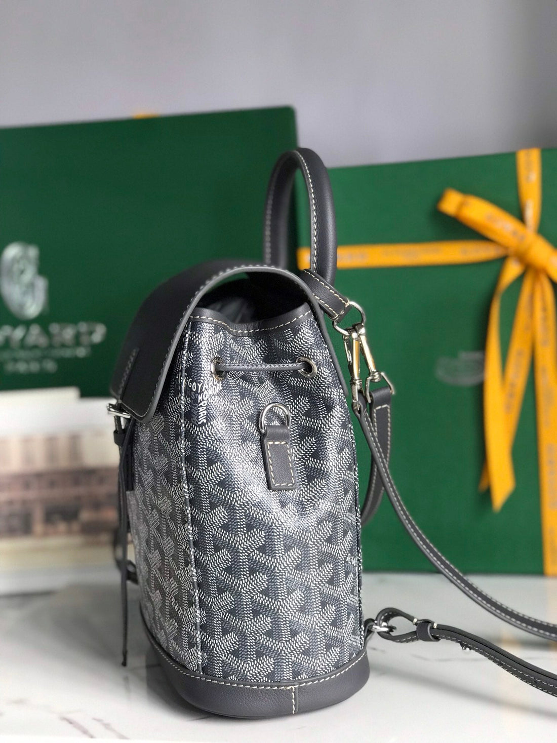 ALPIN MINI BACKPACK 21 IN GRAY LAMBSKIN AND GOYARDINE CANVAS by House Of Sarah