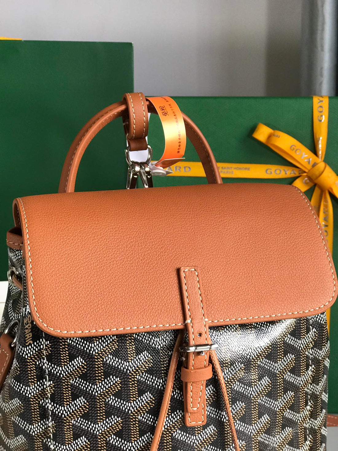 ALPIN MINI BACKPACK 21 IN TAN LAMBSKIN AND BLACK GOYARDINE CANVAS by House Of Sarah