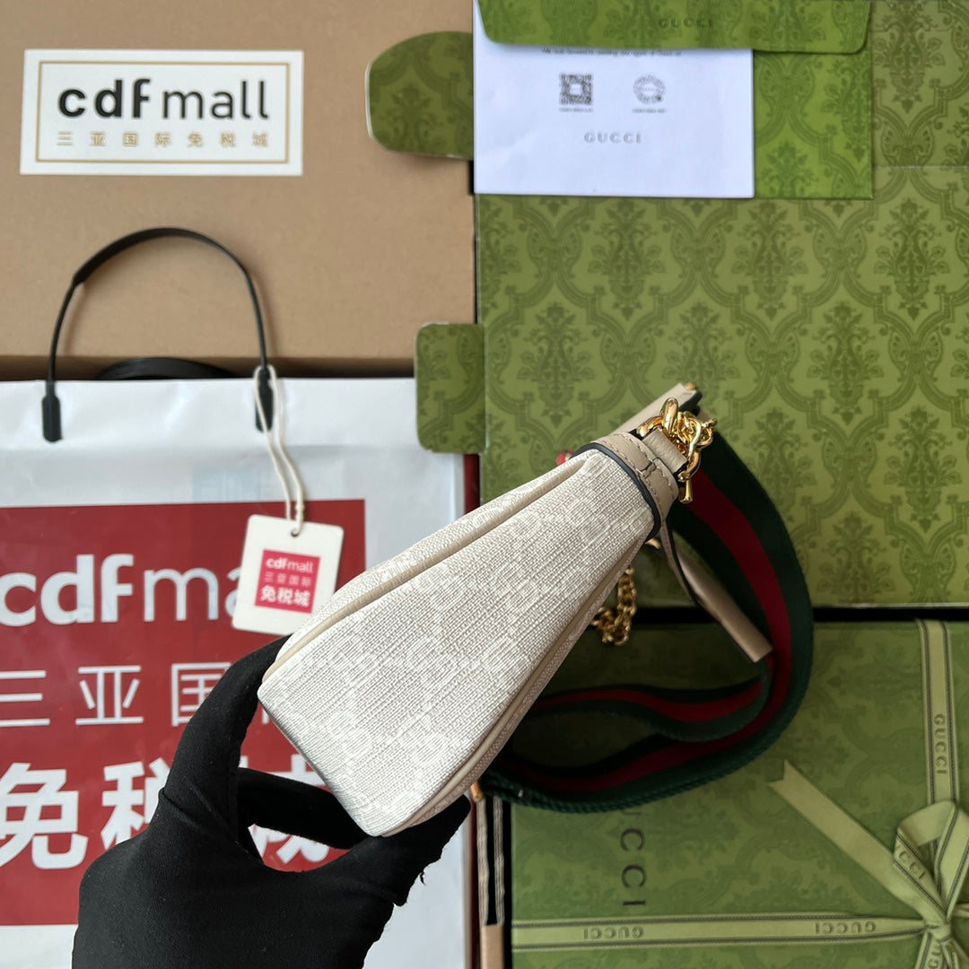 OPHIDIA SMALL SHOULDER BAG 25 IN WHITE CANVAS AND OAT LAMBSKIN GOLD HARDWARE House Of Sarah Bags