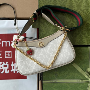 OPHIDIA SMALL SHOULDER BAG 25 IN WHITE CANVAS AND OAT LAMBSKIN GOLD HARDWARE House Of Sarah Bags
