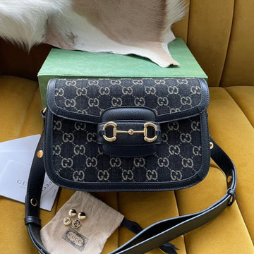 GG HORSEBIT 1955 SADDLE BAG 25 IN BLACK CANVAS AND CALFSKIN House Of Sarah