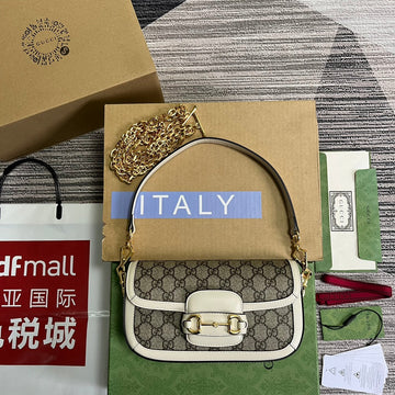 GG HORSEBIT 1955 BAG 24 IN BEIGE CANVAS AND WHITE CALFSKIN House Of Sarah