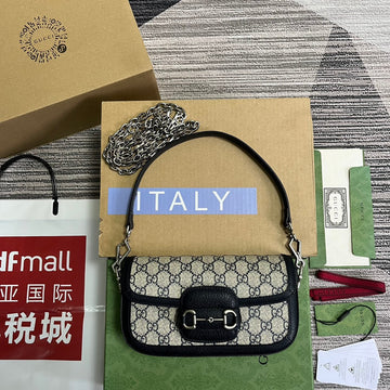 GG HORSEBIT 1955 BAG 24 IN BEIGE CANVAS AND BLACK CALFSKIN House Of Sarah