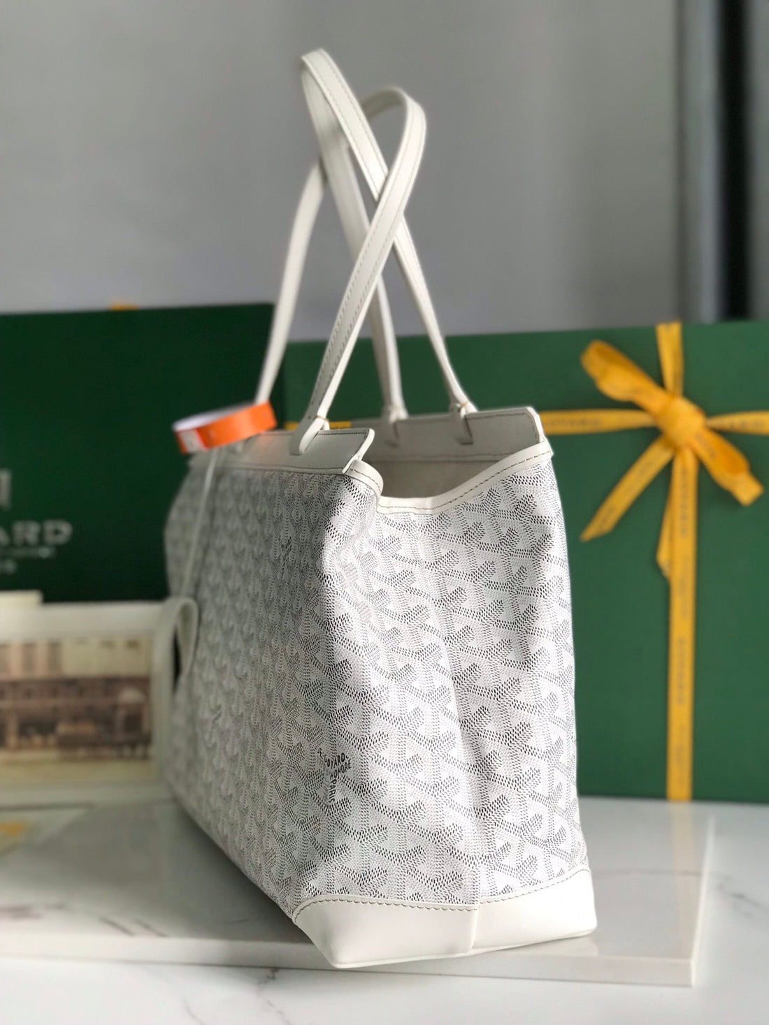 BELLECHASSE BIAUDE PM BAG 36 IN WHITE GOYARDINE CANVAS AND CALFSKIN TRIM by House Of Sarah
