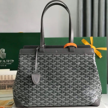 BELLECHASSE BIAUDE PM BAG 36 IN GRAY GOYARDINE CANVAS AND CALFSKIN TRIM House Of Sarah Bags